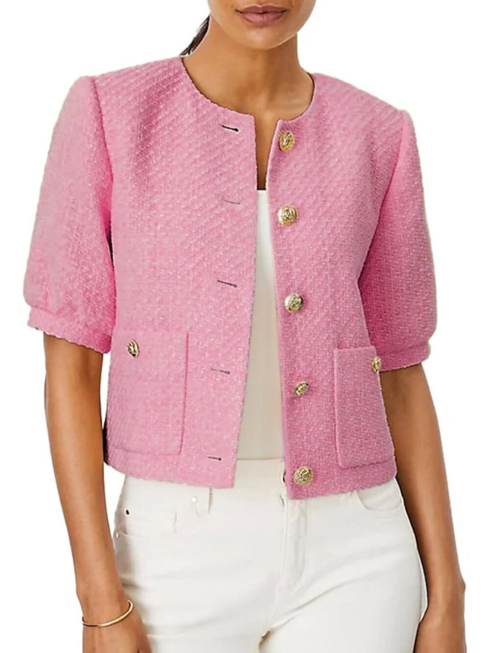Chic Puff Short Sleeve Tweed Cropped Blazer for Women - Summer Casual Office